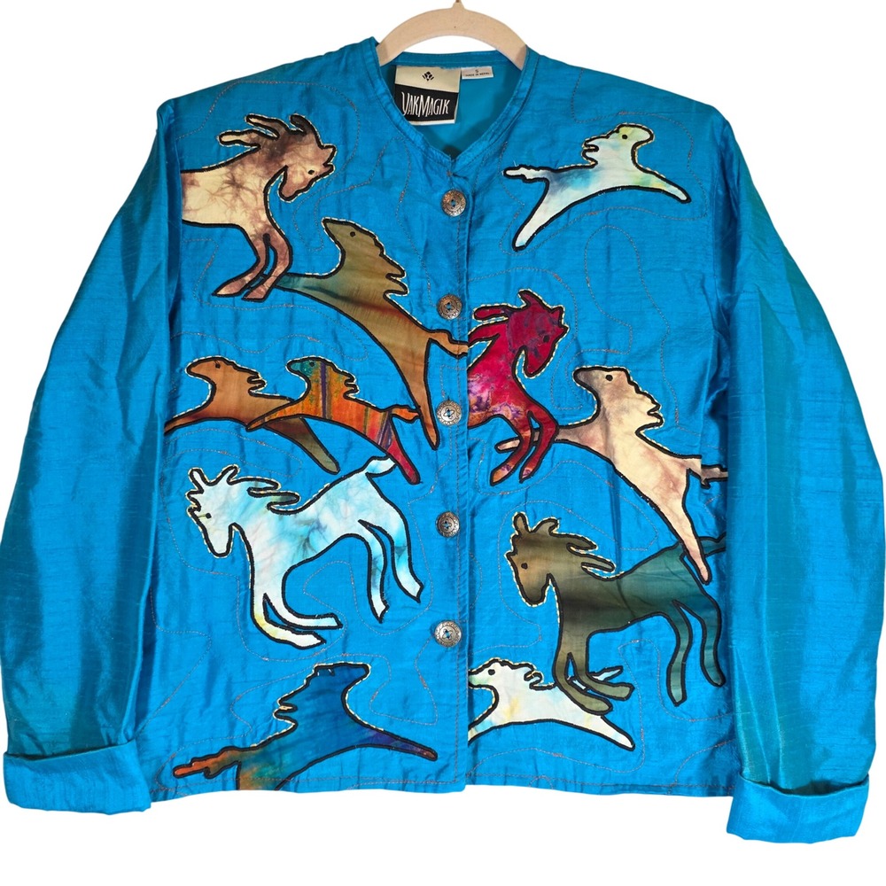 YAKMAGIK‎ Turquoise Raw Silk Horse Applique Jacket Sz Small Nepal Art to Wear